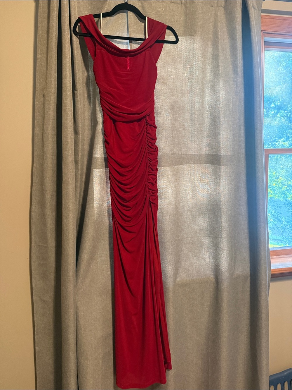 Lulu's Red Ruched Maxi Dress with Cowl Neck